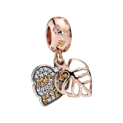Charm compatibil cu bratara Pandora, model Sparkling Leaves, cu argint, culoare rose gold