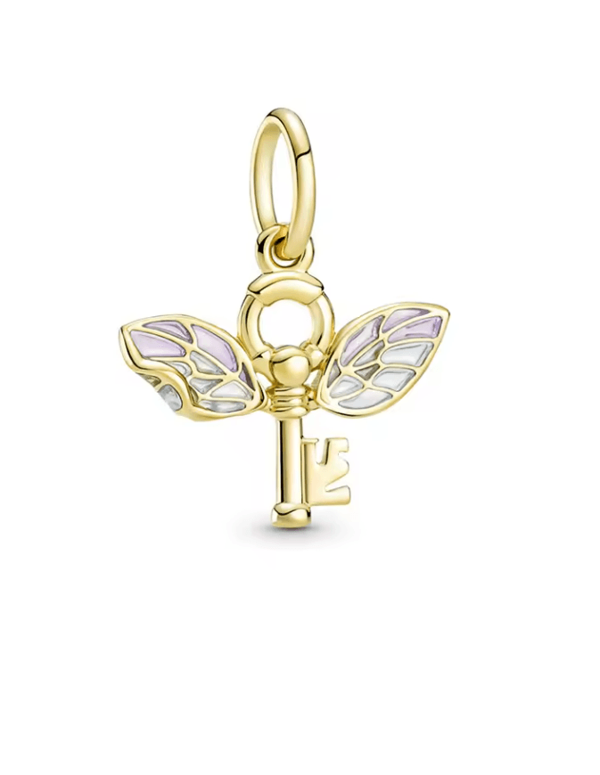 Charm compatibil cu bratara Pandora, model cu Cheie si Aripi de Fluture Colorate