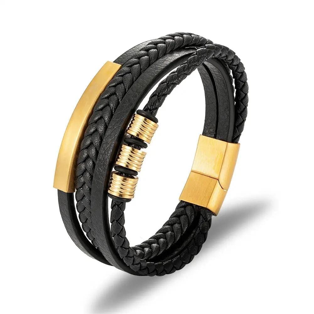 Brățară Viking cu Piele & Oțel Inoxidabil, culoare Negru cu Auriu