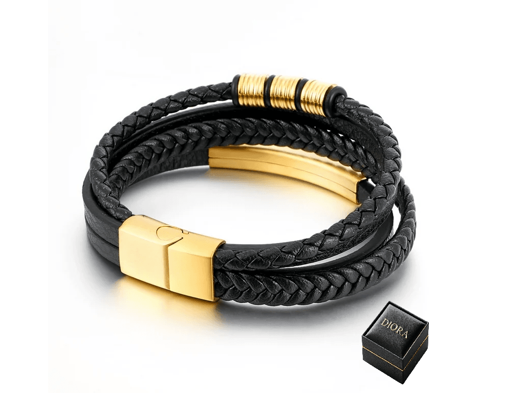 Brățară Viking cu Piele & Oțel Inoxidabil, culoare Negru cu Auriu - imagine 2