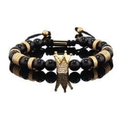 Brățară Bărbătească cu Mărgele cu Piatră Naturală & Charm Coroană, culoare negru cu gold