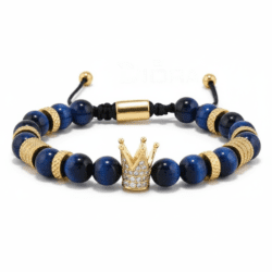 Brățară Bărbătească cu Mărgele cu Piatră Naturală și Charm Coroană, culoare Albastru