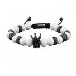 Brățară Bărbătească cu Mărgele cu Piatră Naturală și Charm Coroană, culoare Alb cu Negru