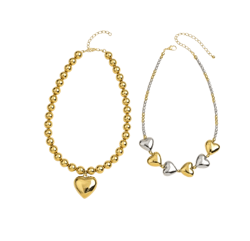 Set 2 Bucăți – Coliere Exagerate Cyber Heart cu Mărgele Metalice