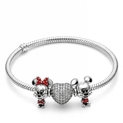 Set brățară cu 2 charmuri Minnie și Mickey cu inimă strălucitoare