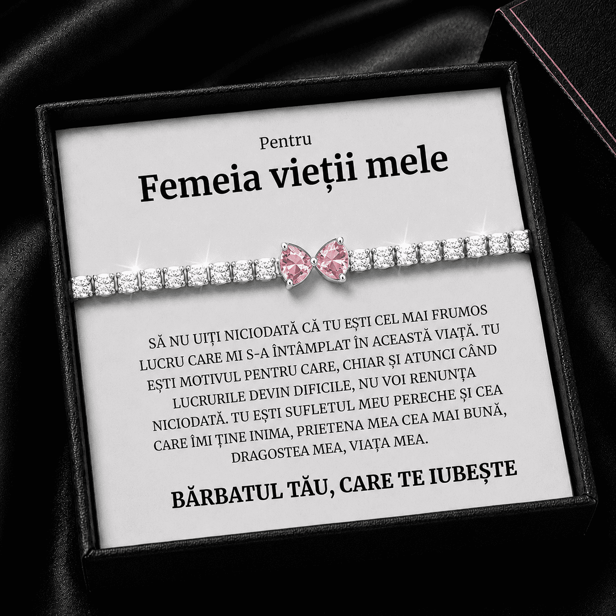 Brățară Elegantă cu Fundiță Roz – Cadou pentru Femeia Vieții Mele