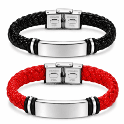 Set Cuplu Brățări Personalizate din Piele cu Gravură - Negru/Rosu