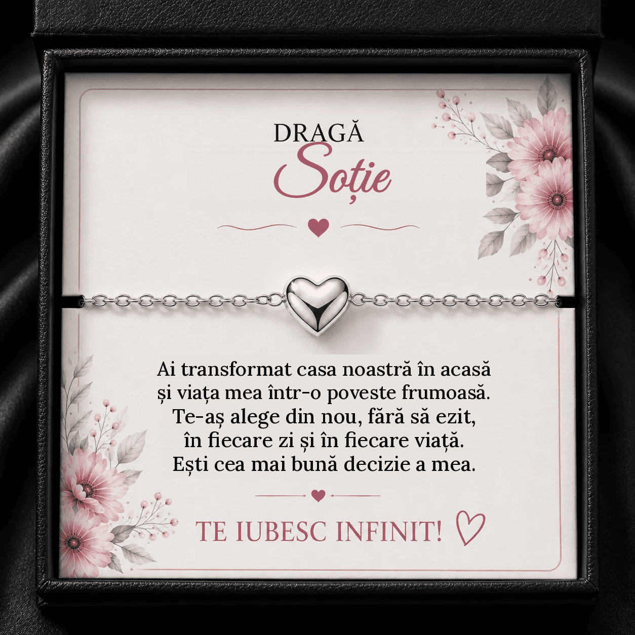 Brățară cu Inimioară „Dragă Soție” – Te-aș Alege Din Nou, Cadou de la Soț