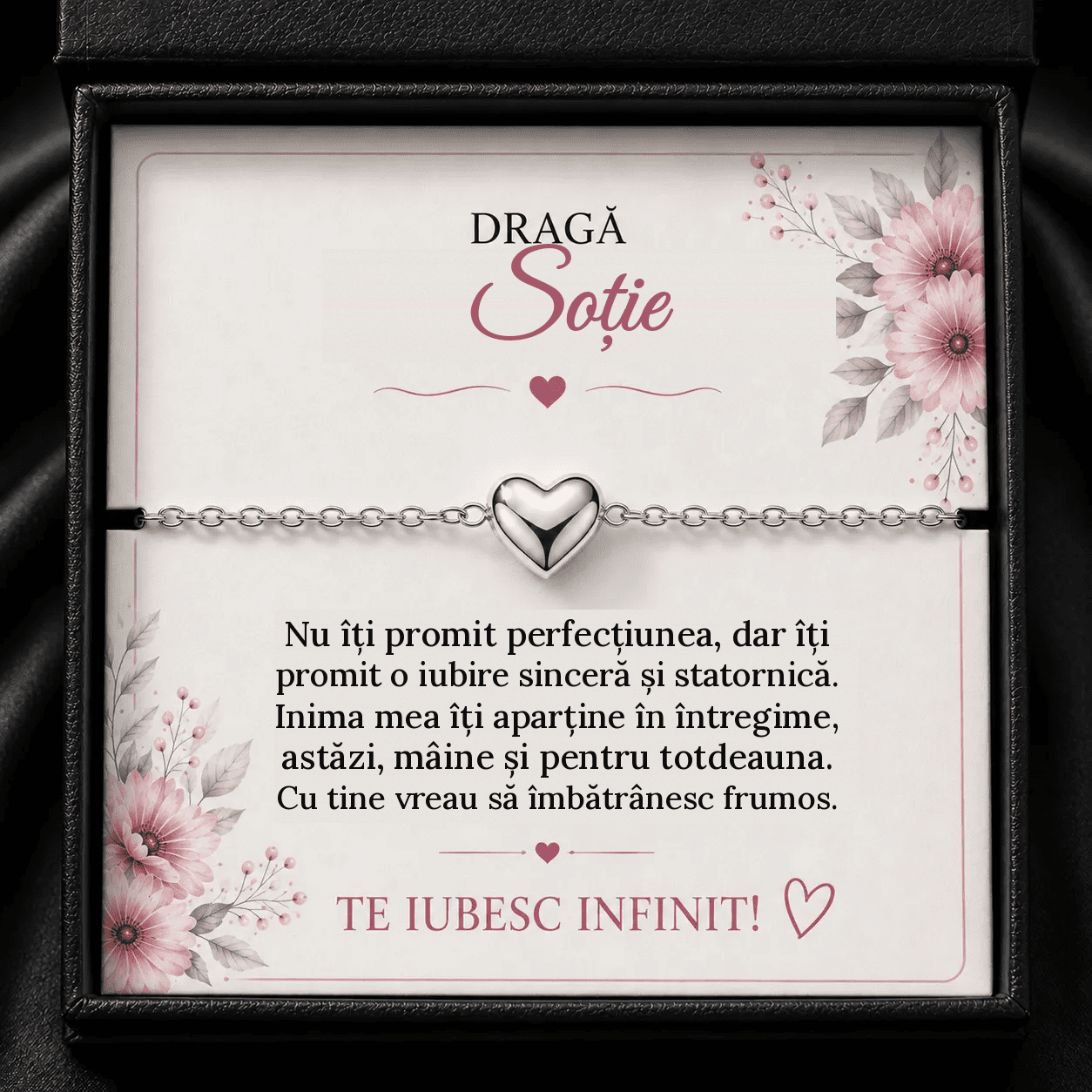 Brățară cu Inimioară „Dragă Soție” – Să Îmbătrânim Frumos Împreună, Cadou de la Soț