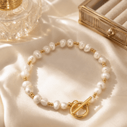 Brățară vintage placată cu aur 18K, cu perlă de apă dulce – geometrică