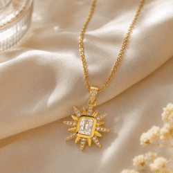 Colier placat cu aur 18K, model soare, lanț răsucit